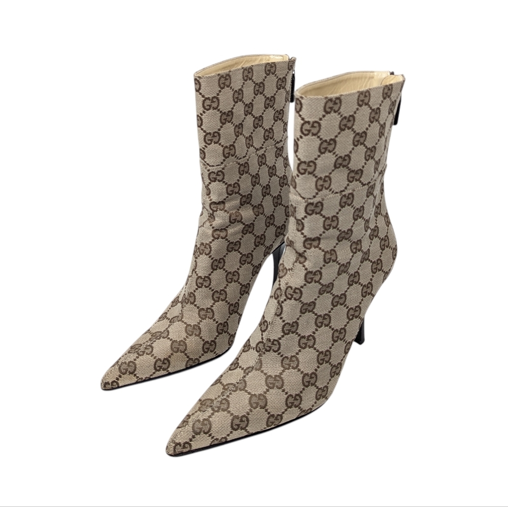 Gucci Signature Calf High Pointed Brown & Beige Monogram Heeled Boots Sz EU 38.5 - Picture 3 of 12